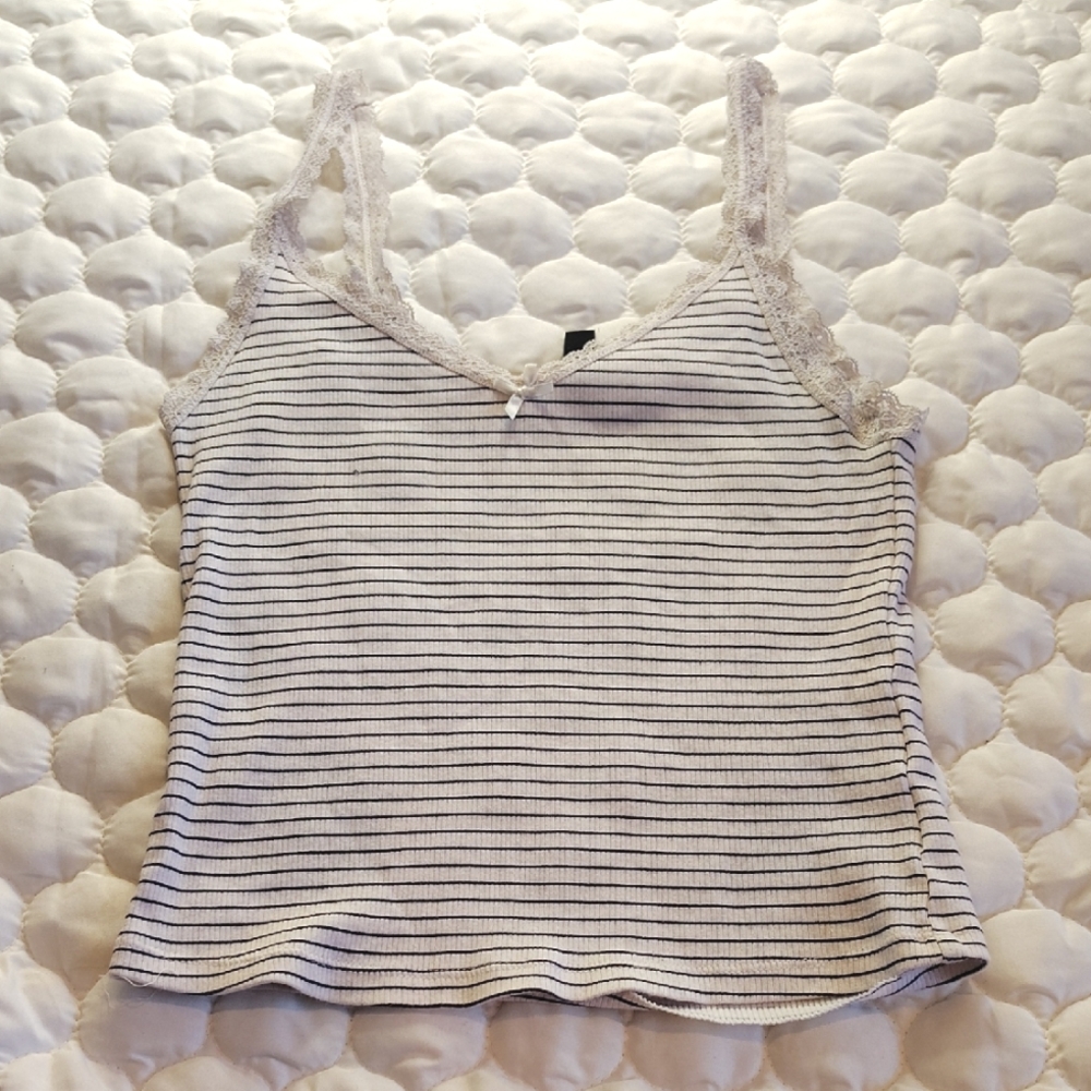 H&M Black and White Striped Camisole with Lace Trim